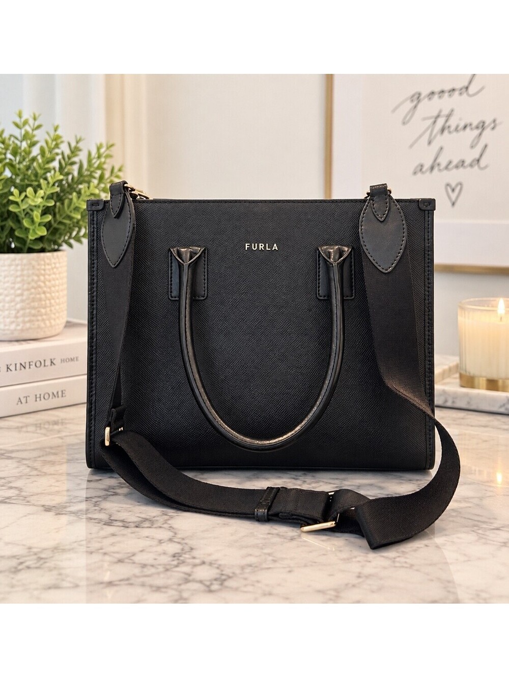 Furla Black Saffiano Leather Tote Handbag Top Handle Crossbody Strap